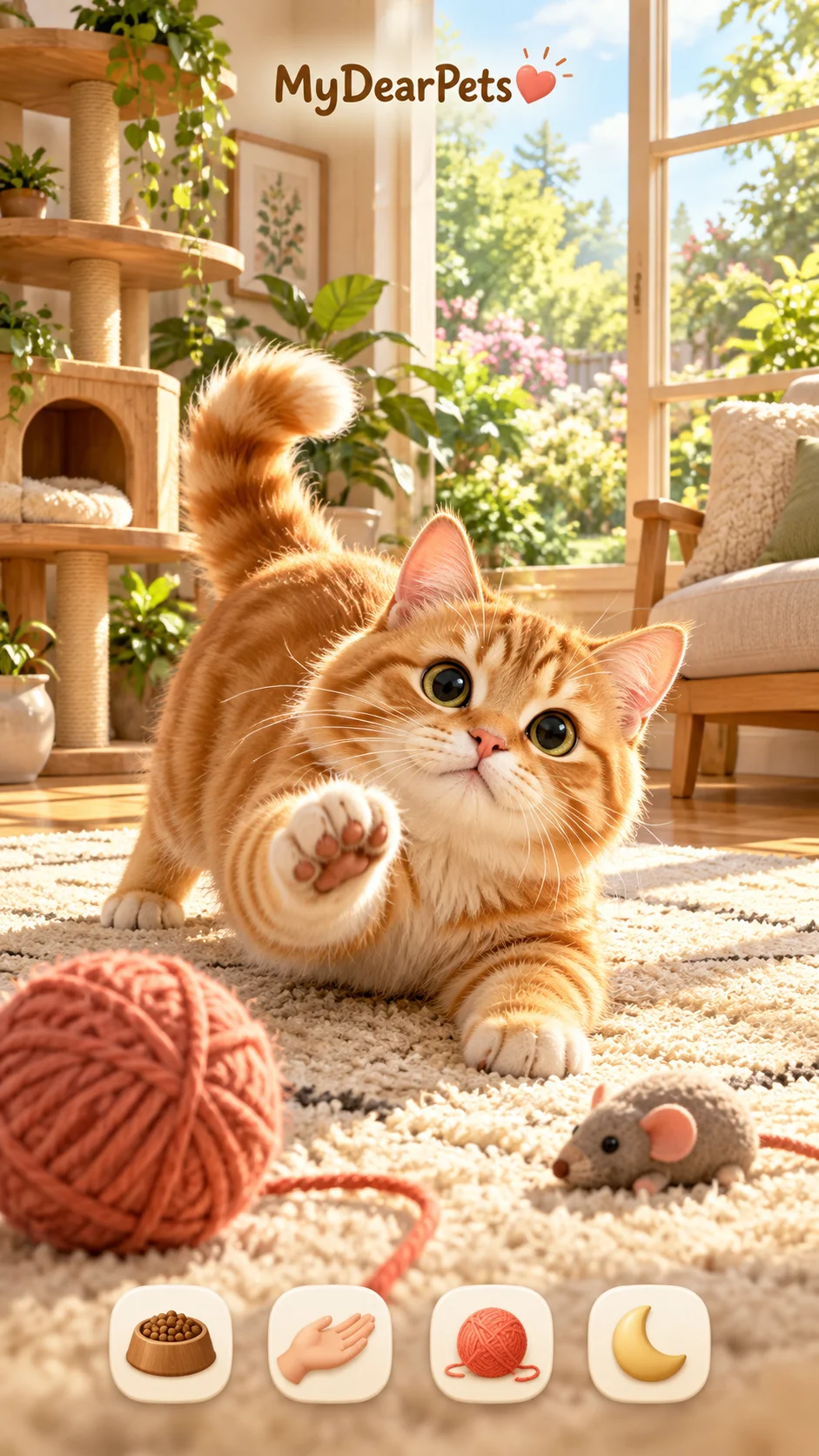 AI concept: a playful orange kitten in a sunlit garden room, with care and play buttons.